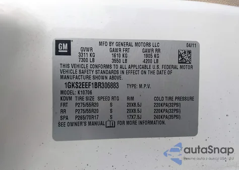 2011 GMC Yukon Denali z USA, uszkodzony, nr VIN 1GKS2EEF1BR306883